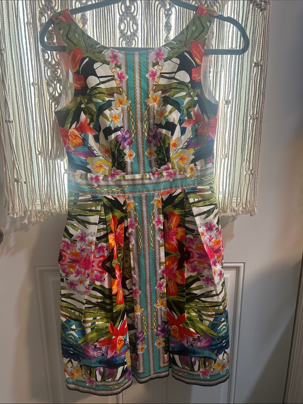 Maggy London Green Multicolor Tropical Floral Fit-and-Flare Midi Dress